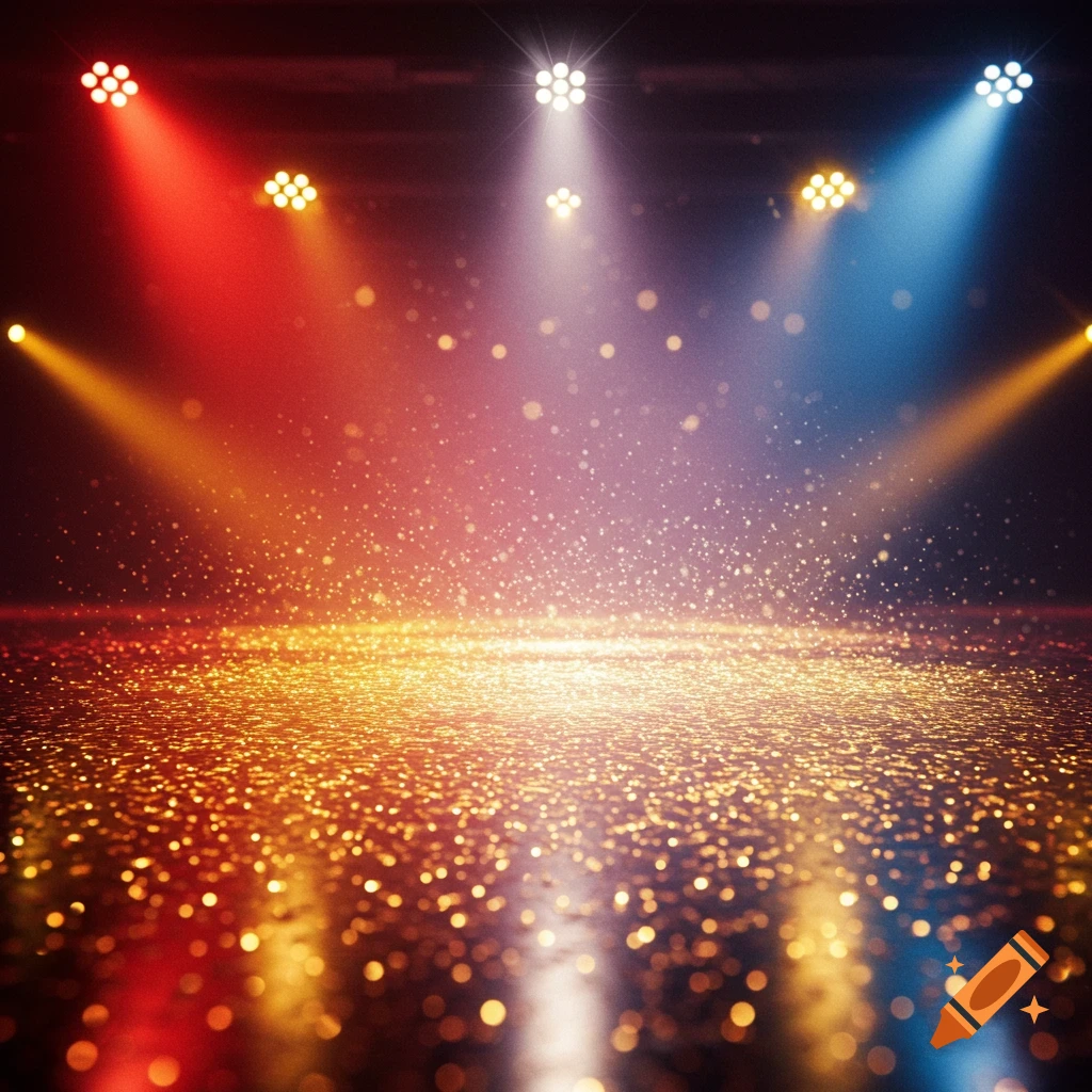 Sparkling golden floor lit by colorful stage spotlights