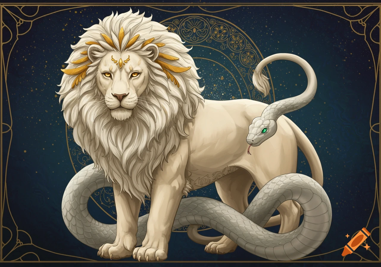 Stylized illustration of a white lion creature with a snake tail wrapped around it, against a dark blue starry background.