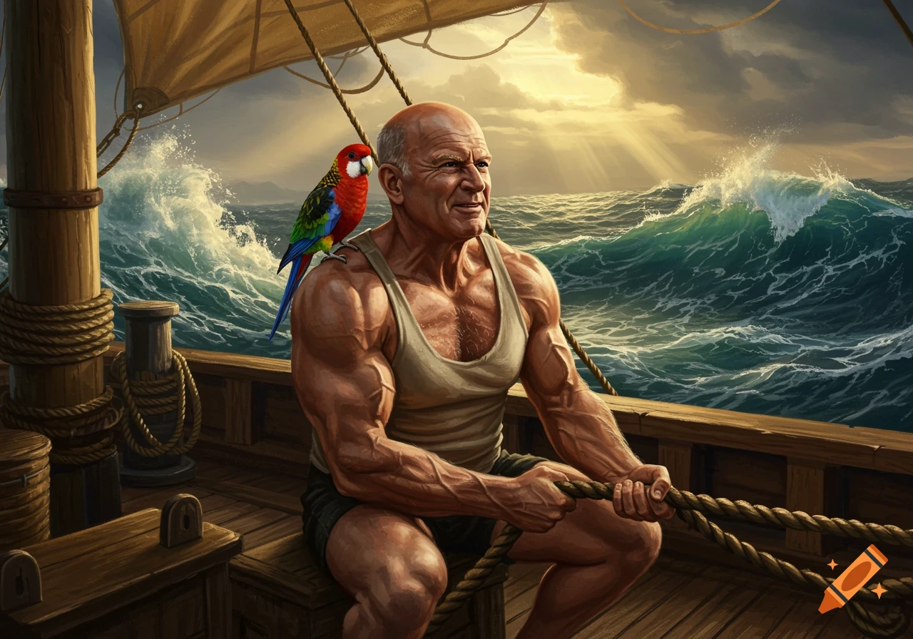 Muscular man with a parrot on his shoulder sailing on a ship through a stormy sea in a dramatic painterly style.