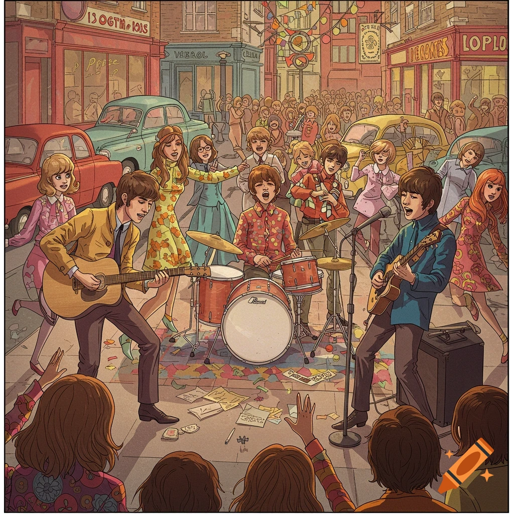 A band plays music on a street in a city square, surrounded by a crowd of people in 1960s style clothing.