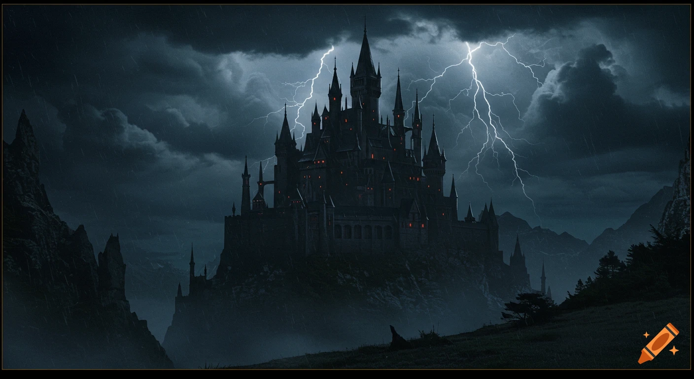 A dark fantasy castle on a hill under a stormy sky with lightning. on ...