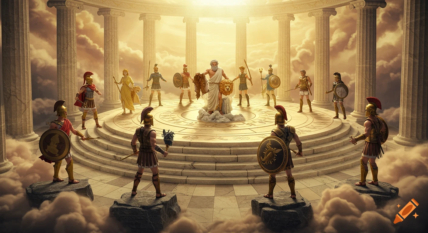 Greek gods and heroes gather on Mount Olympus in a grand assembly.