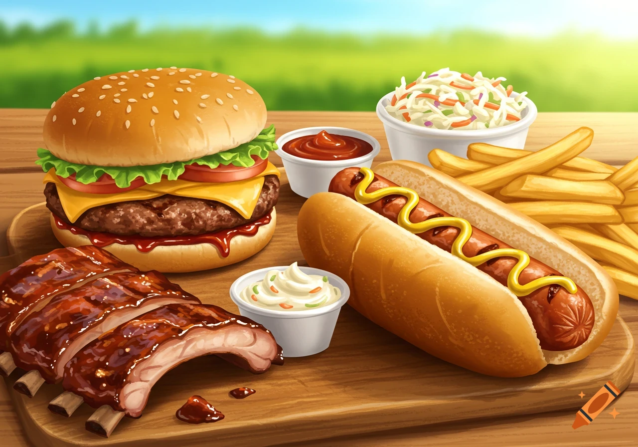 A spread of BBQ food including a burger, hot dog, ribs, fries, and coleslaw.