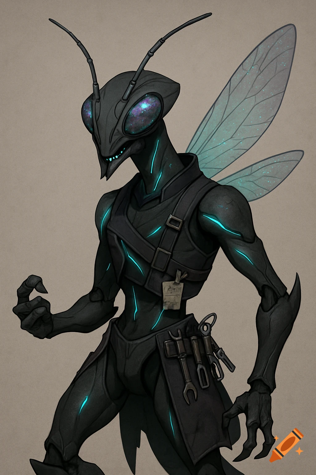 Anime style alien character resembling a mantis, dark body with glowing blue streaks, wearing a harness with tools.