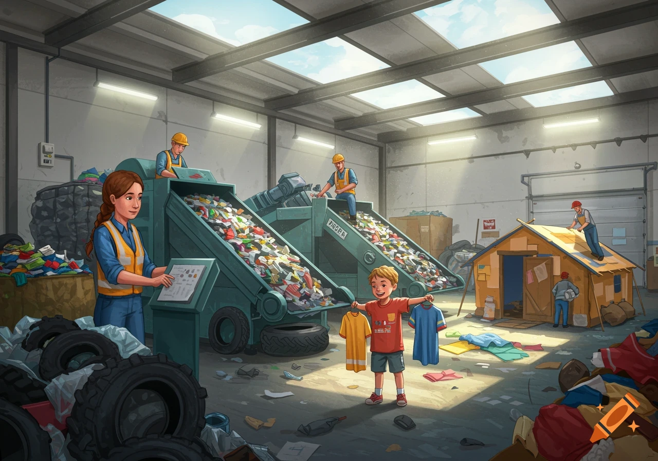Illustration of workers and a child at a recycling facility, sorting clothes and building a temporary shelter.