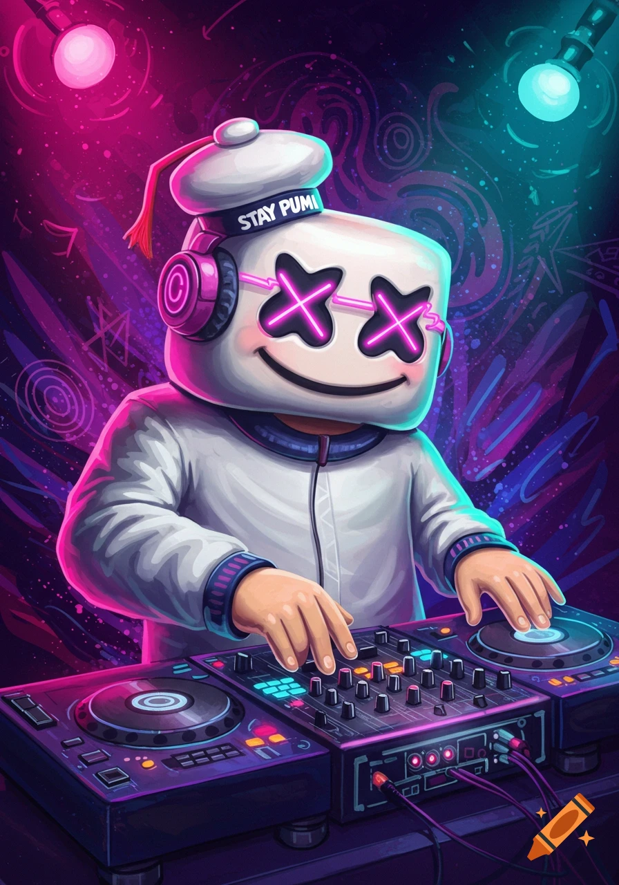 Cartoon marshmallow DJ mixing music on decks in a neon club setting.