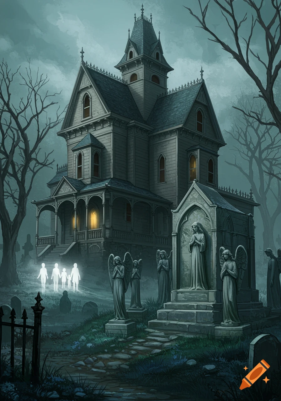 A spooky Victorian haunted house sits next to a graveyard with angel statues and glowing ghost figures under a cloudy sky.