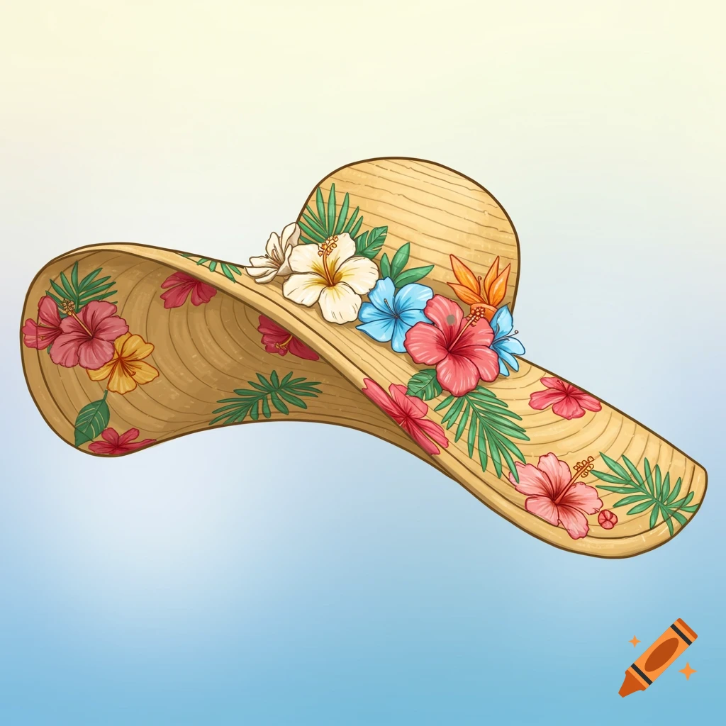 Illustration of a wide-brimmed straw hat decorated with colorful tropical flowers and greenery.
