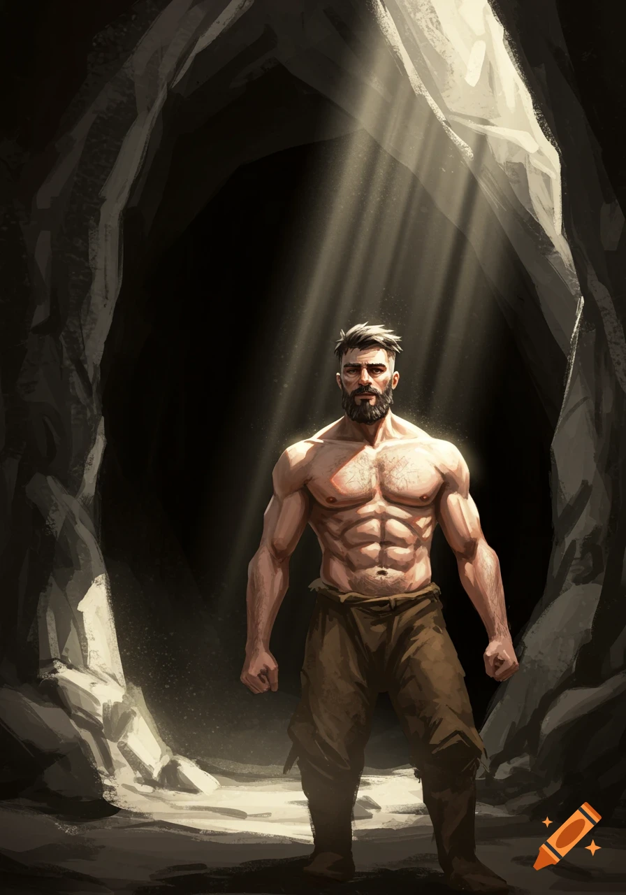Muscular man stands in a dark cave entrance bathed in dramatic light.