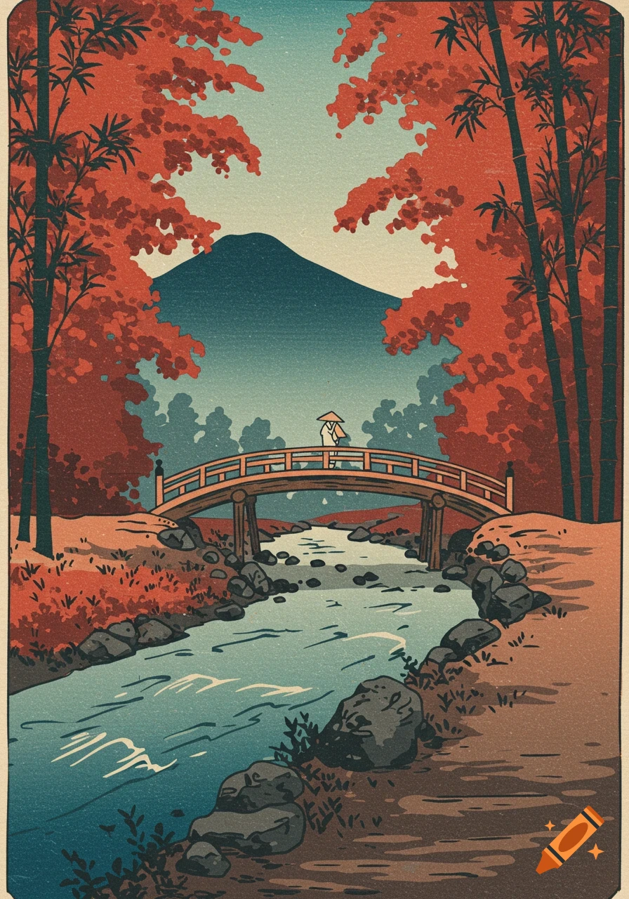 Traditional Japanese woodblock print of a person crossing a bridge over a river with autumn trees and a mountain in the background.