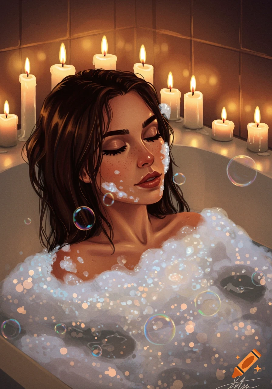 Woman in a bubble bath surrounded by lit candles