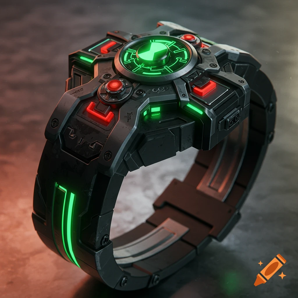 Detailed close-up of a futuristic black watch with glowing green and red lights.