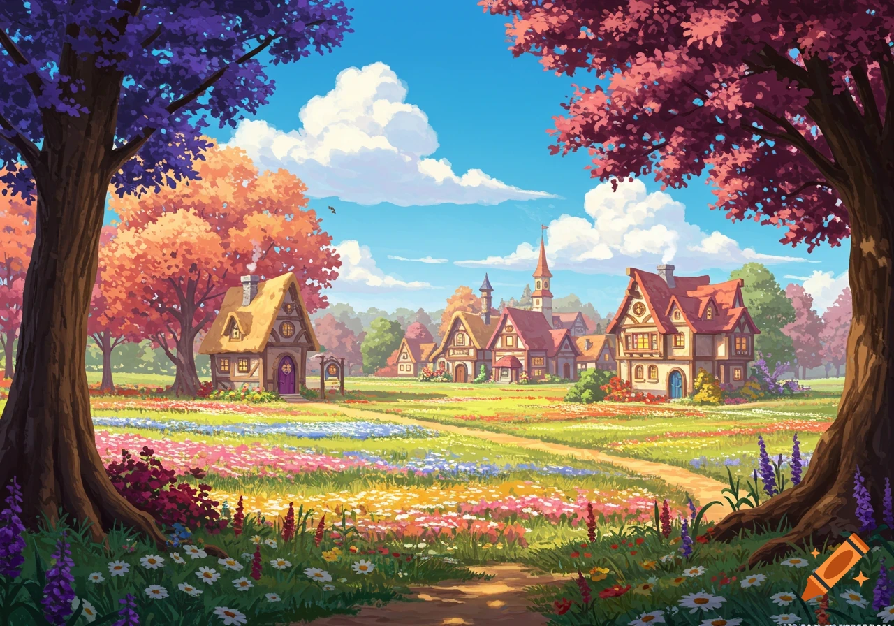 An illustration of a charming fantasy village surrounded by fields of colorful flowers and trees under a blue sky.