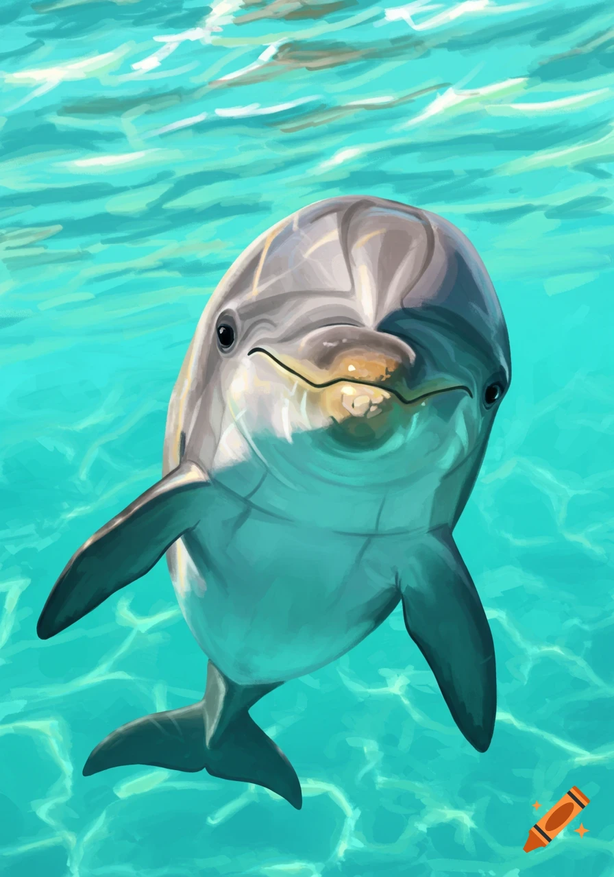 A dolphin swims underwater in a painterly illustration style.