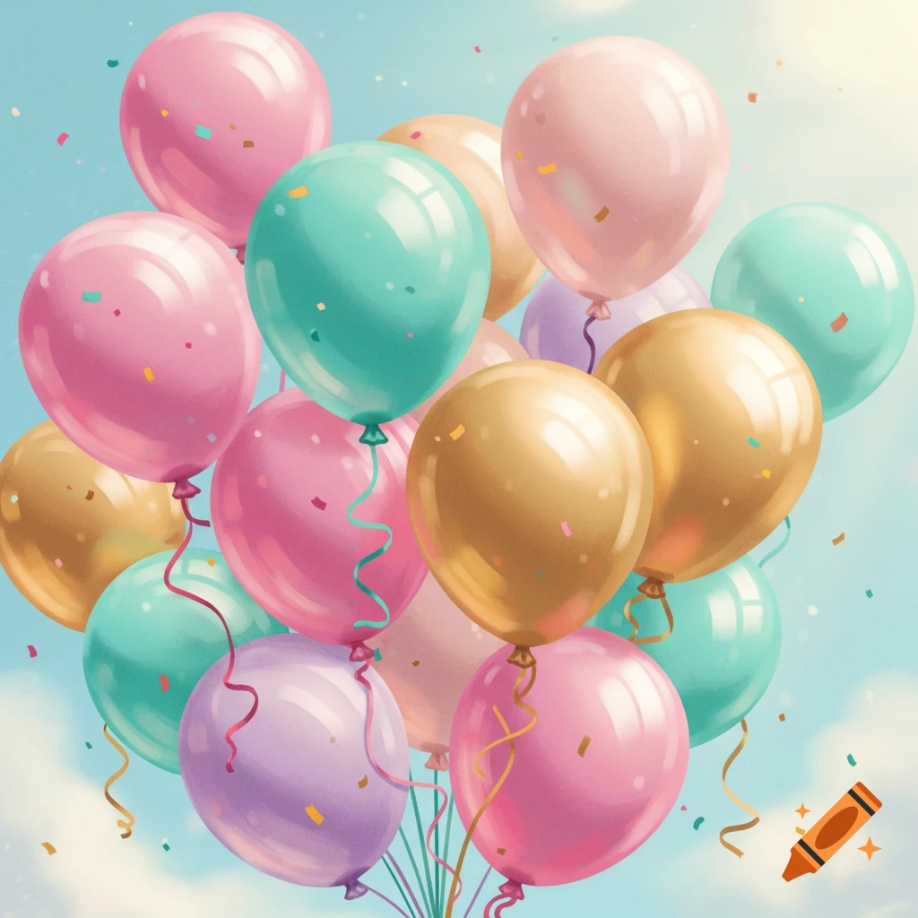 Colorful balloons and confetti floating in a blue sky.