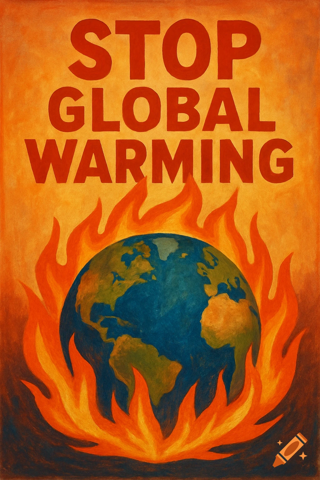 A poster with the text "STOP GLOBAL WARMING" above the Earth engulfed in flames, in a painted style.