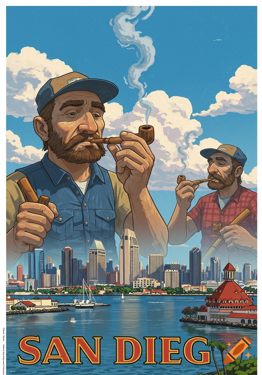 Vintage illustration of men smoking pipes over the San Diego skyline and bay.