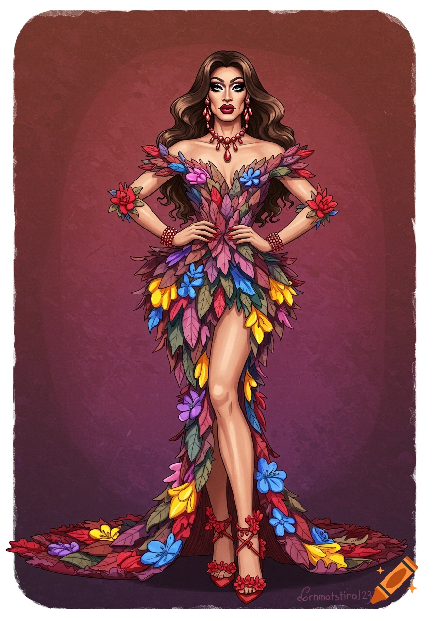 Illustration of a drag queen in an elaborate gown made of leaves and flowers.