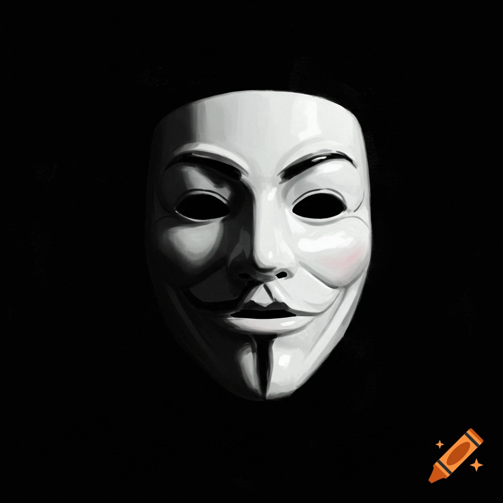 A white anonymous mask with dark eyes against a black background.