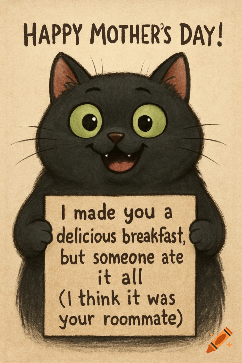 Cartoon black cat holding a sign with funny text for Mother's Day.