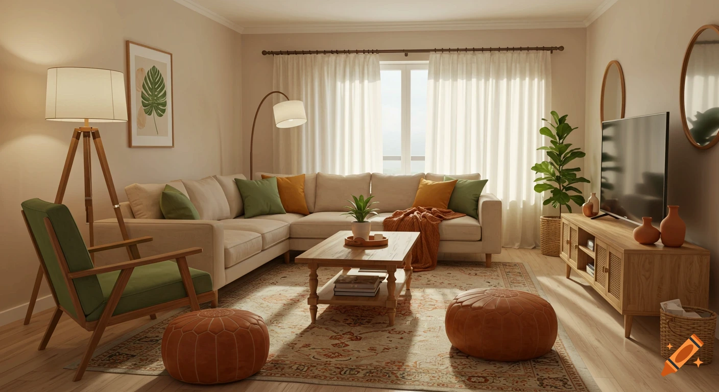 A modern living room with a sectional sofa, coffee table, accent chair ...