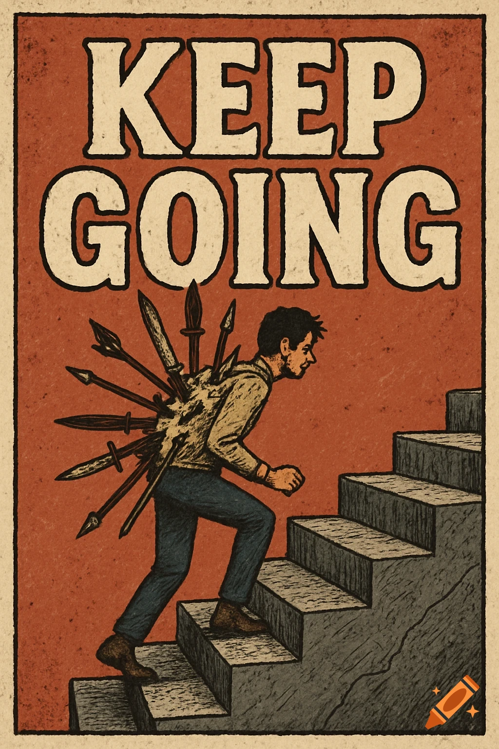 An illustration of a man climbing stairs with knives and arrows in his back, with text 'KEEP GOING'.