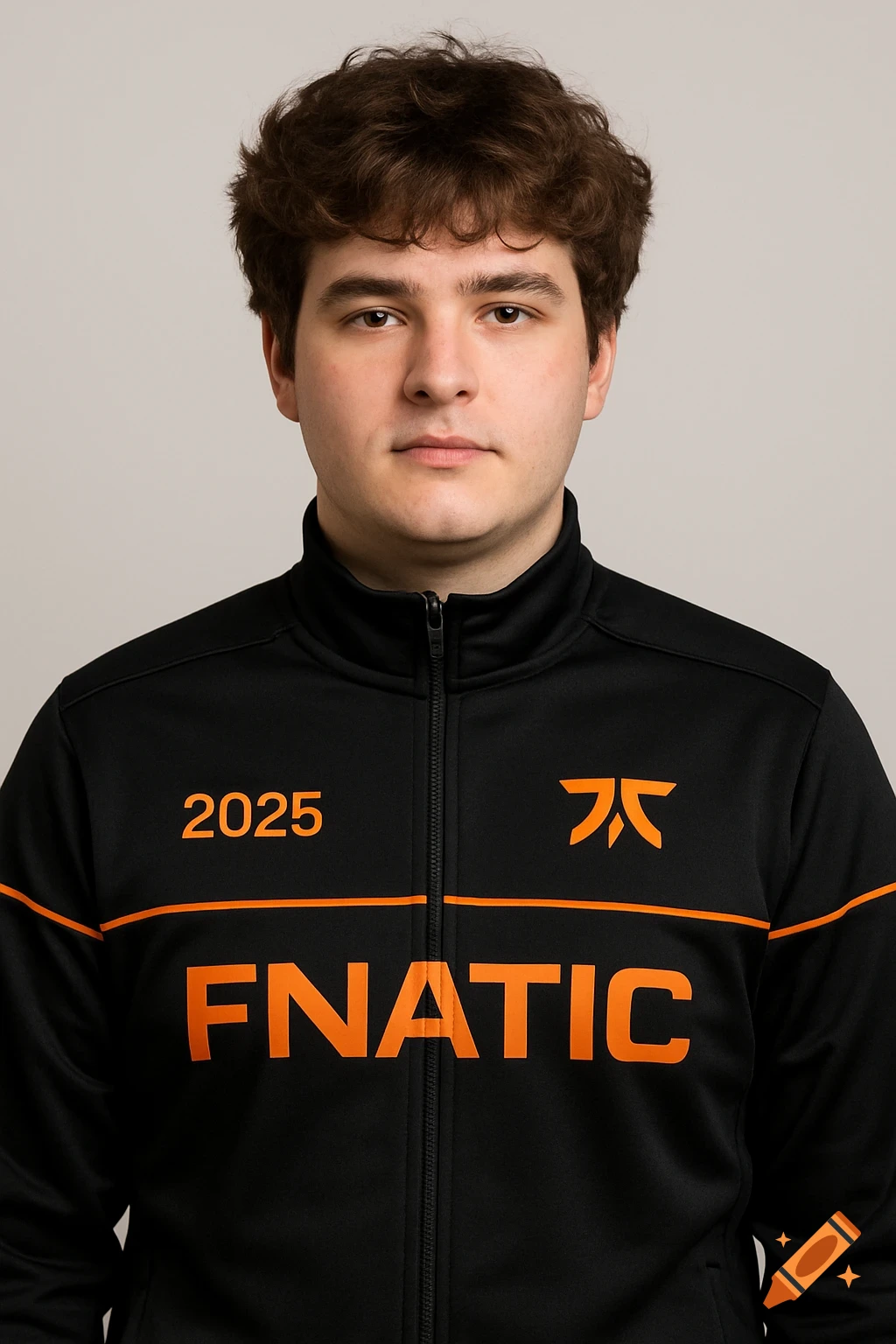 Portrait of a young man in a black jacket with orange 2025 FNATIC logo and text.