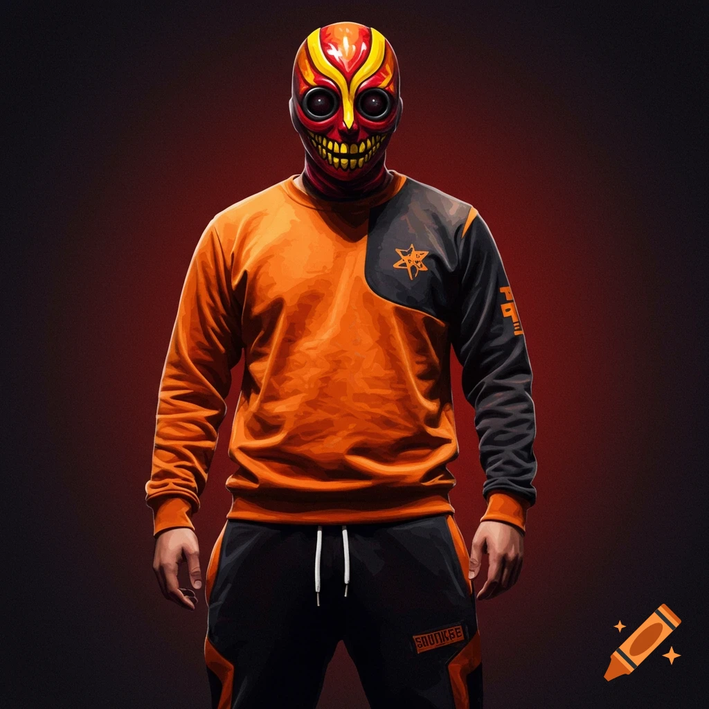 Person in an orange and black tracksuit and a red, yellow, and black stylized mask.