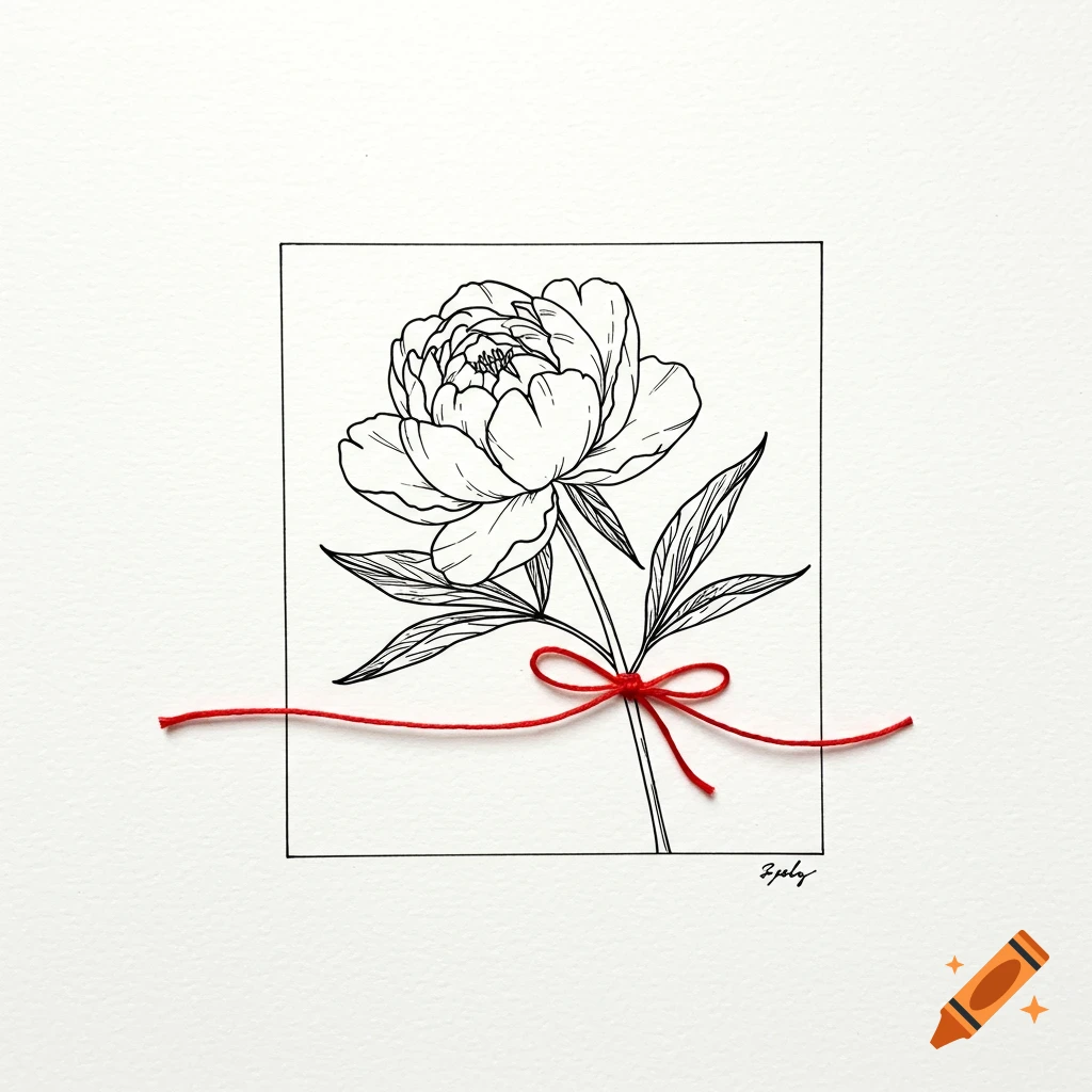 Black and white line drawing of a peony with a red string tied around the stem, contained within a black square border.