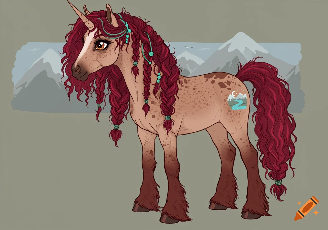 Cartoon unicorn with long red braided hair and a mountain river cutie mark, standing before mountains.