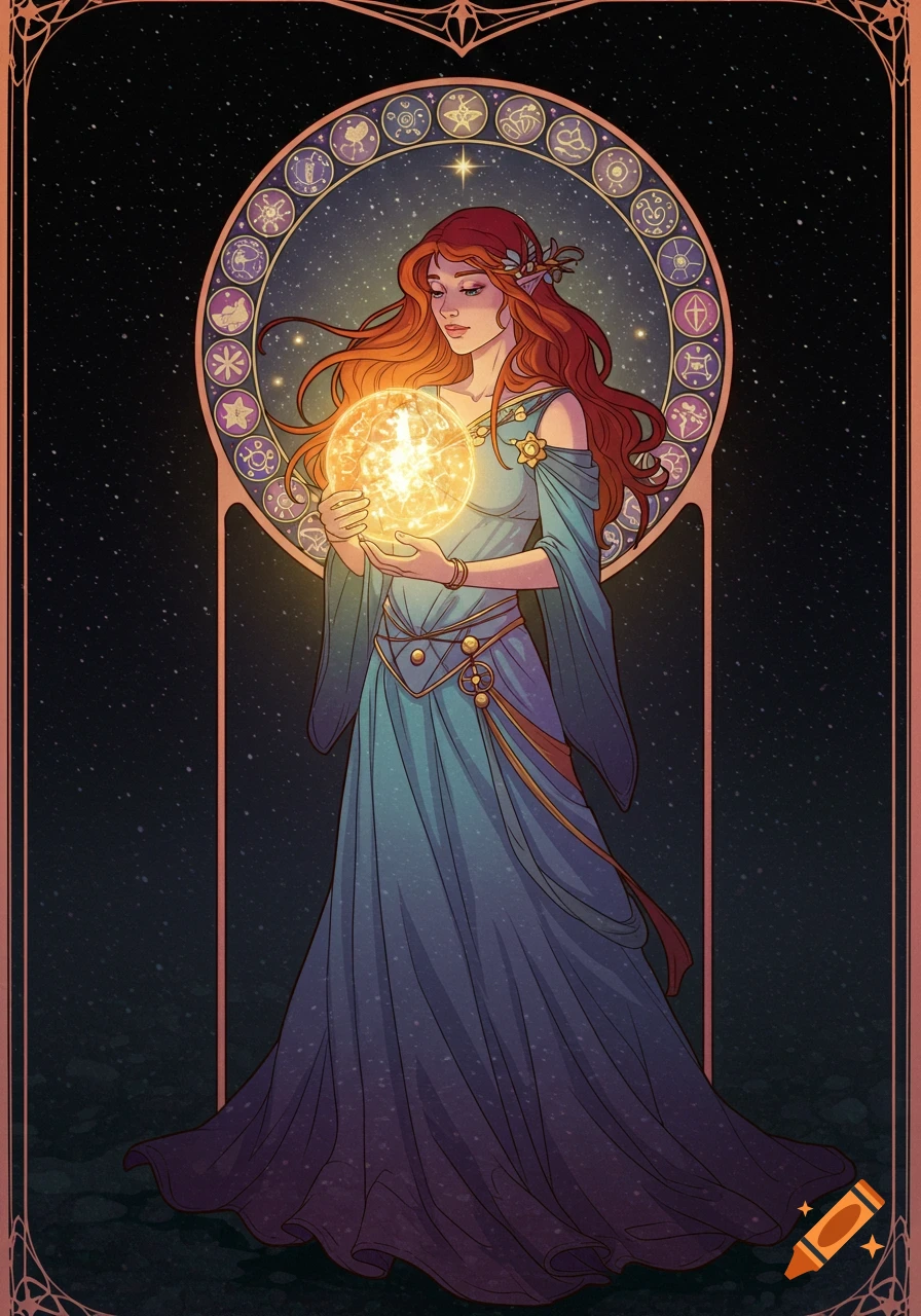 Art nouveau illustration of a woman in a blue dress holding a glowing orb against a starry sky with zodiac symbols.