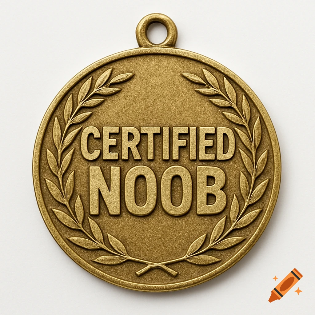 Bronze medal with 'CERTIFIED NOOB' embossed on it, surrounded by laurel leaves.