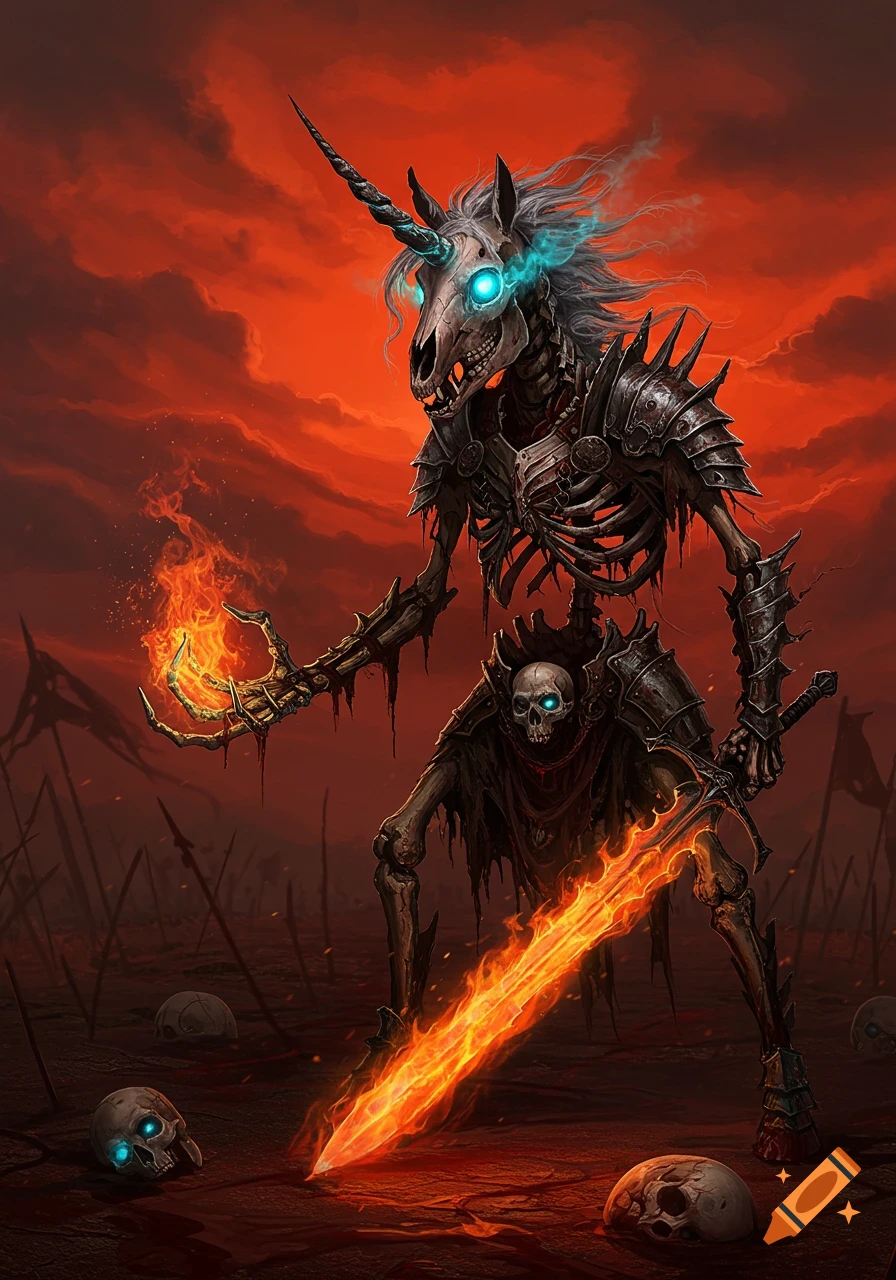 Undead skeleton unicorn warrior with glowing eyes and flaming sword on a dark battlefield.