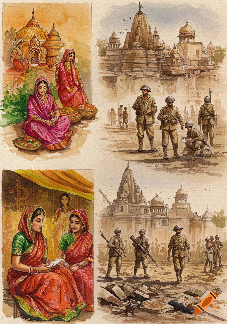 Watercolor panels depicting Indian market scenes and soldiers near a temple.