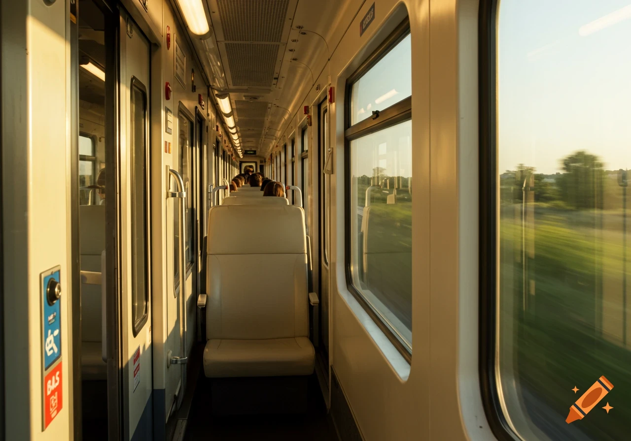 Moving Train Inside Inside a moving train carriage, looking down the aisle with seats and a ...