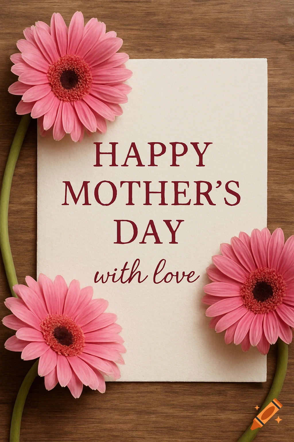 Mother's Day card with pink gerbera daisies on wood background, reading HAPPY MOTHER'S DAY with love.
