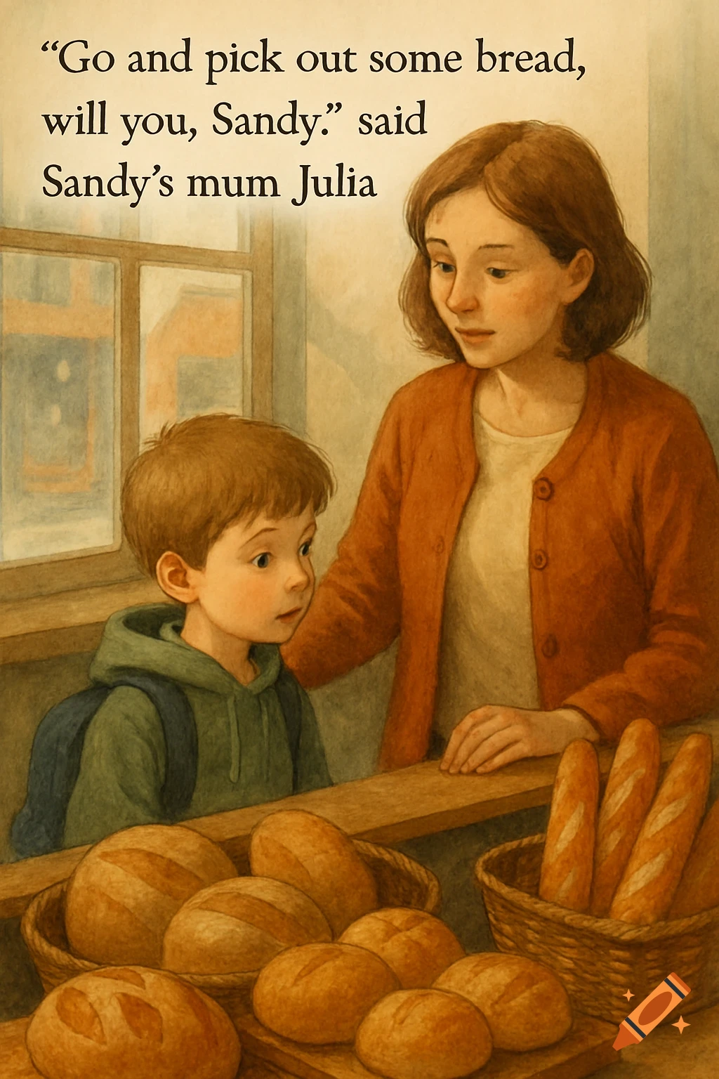 Mother and son in a bakery with baskets of bread, children's book illustration style