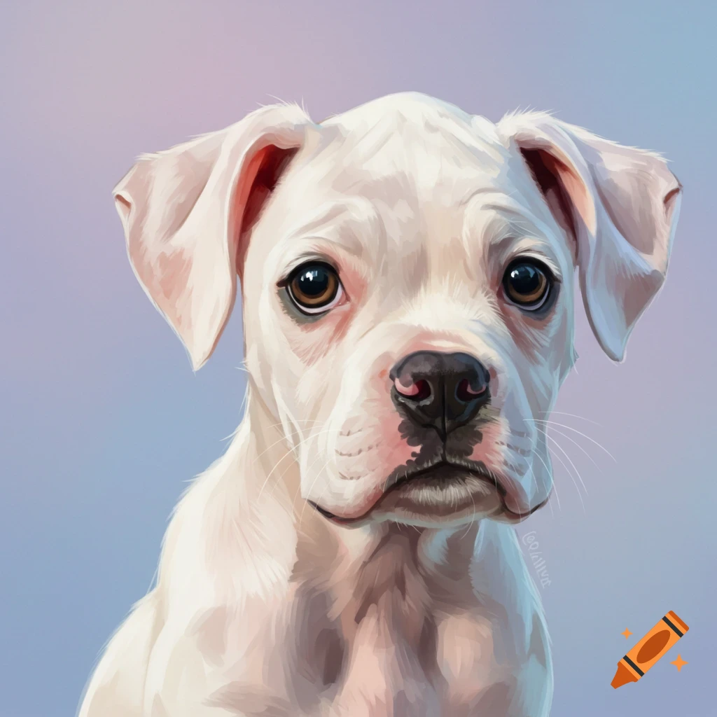 A close-up digital painting of an adorable white boxer puppy