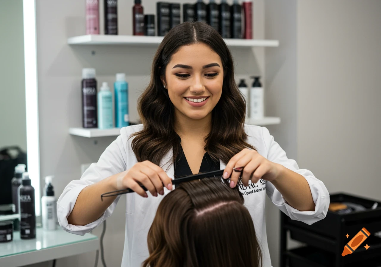 Smiling woman in a lab coat styling hair in a salon. on Craiyon
