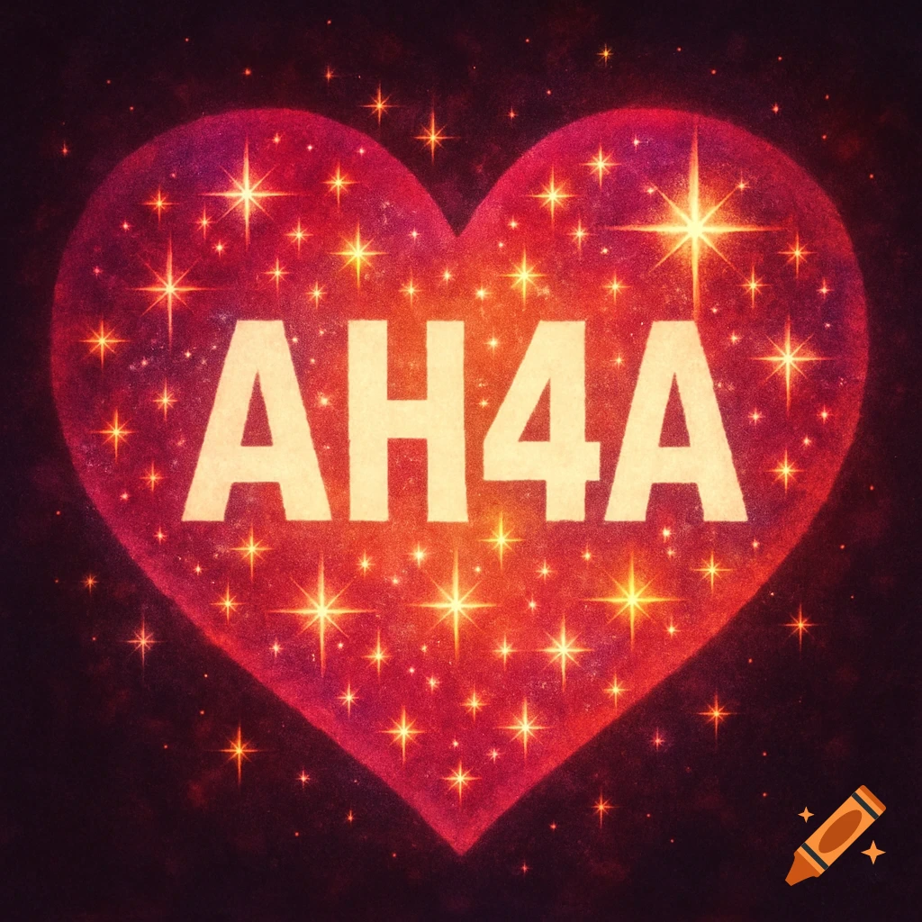 A red heart filled with sparkles and the text "AH4A" in the center.