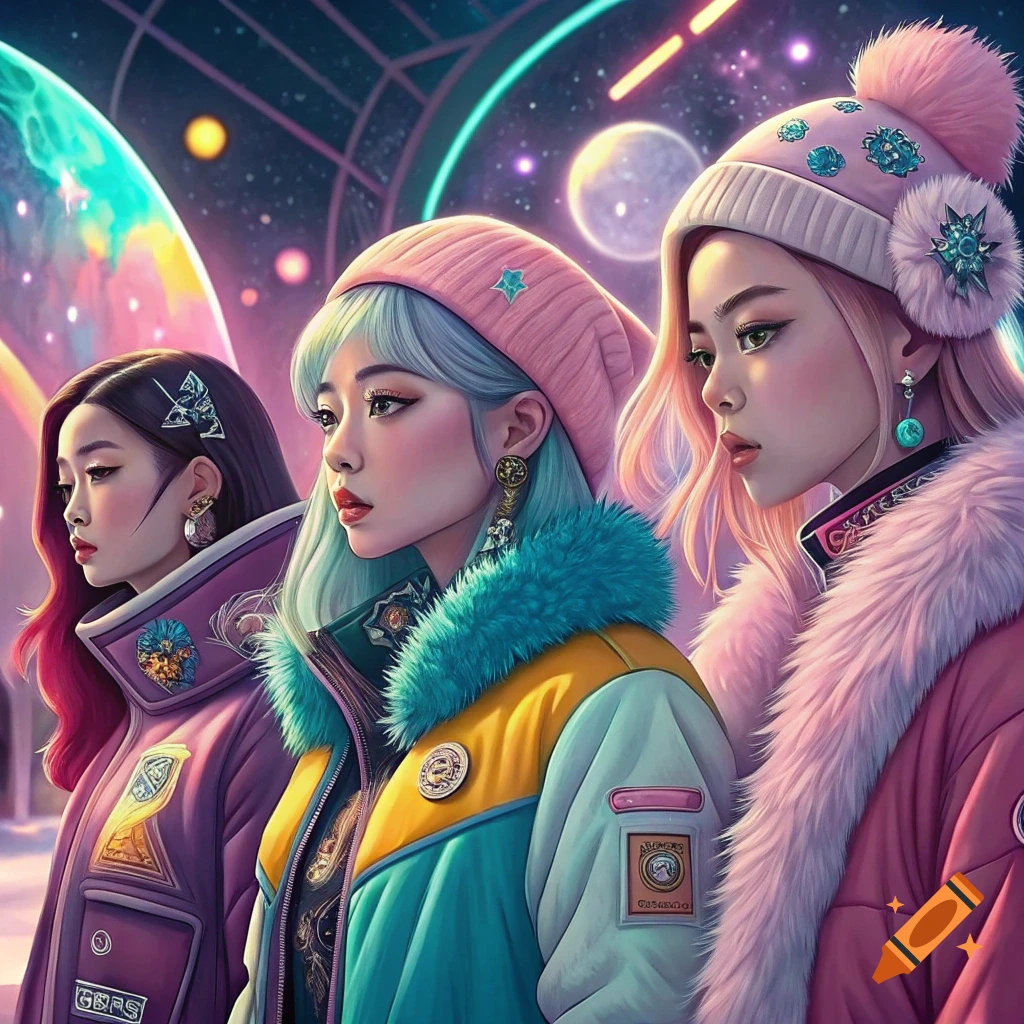 Three young women in colorful futuristic winter outfits against a vibrant space background.