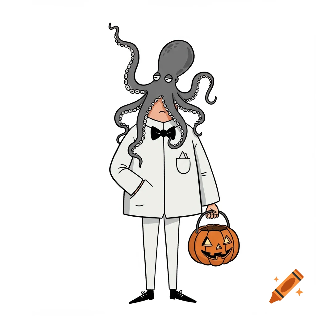 Illustration of a person in a white suit with an octopus on their face holding a jack-o-lantern.