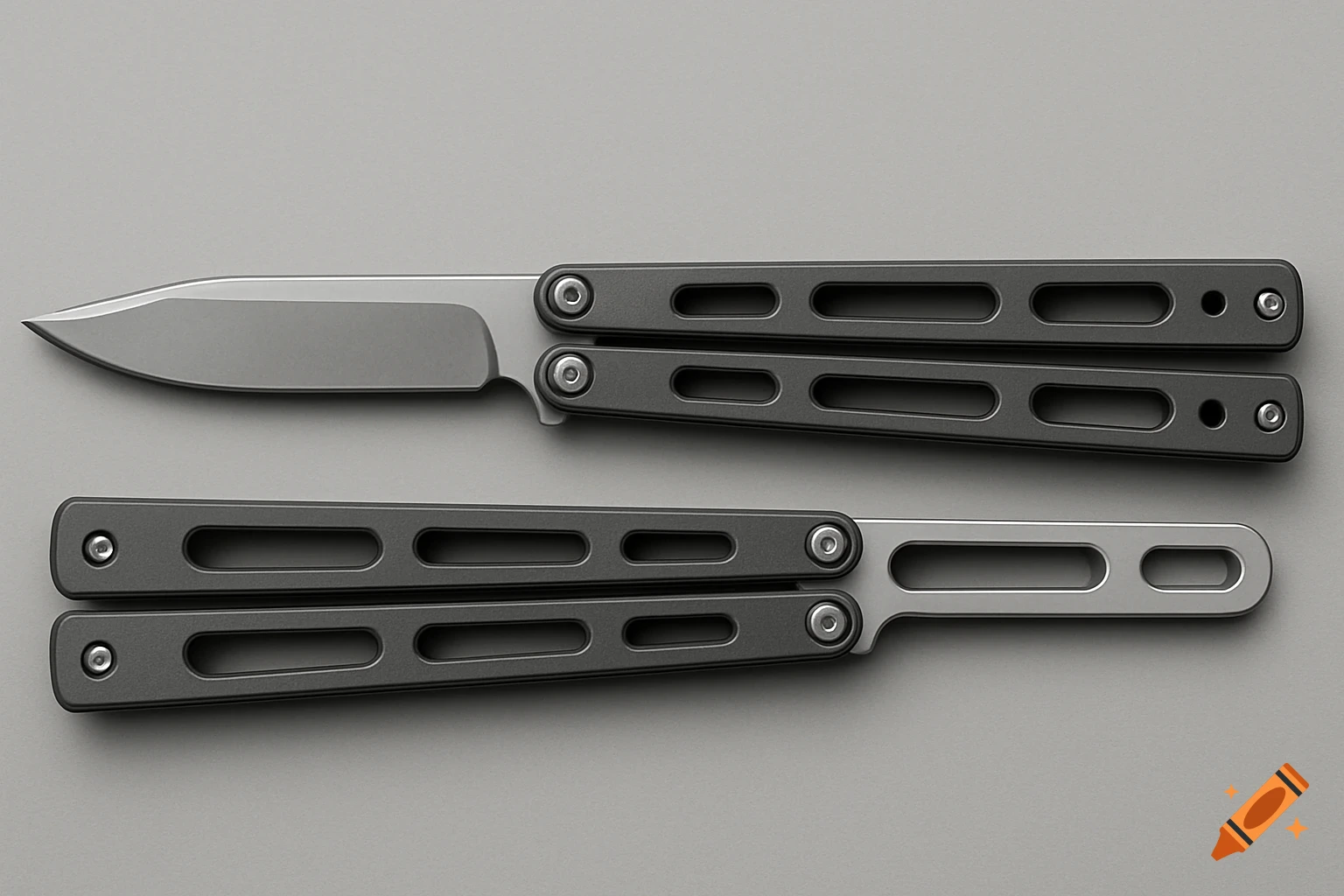 A gray balisong knife with black handles shown unfolded and folded on a gray background.