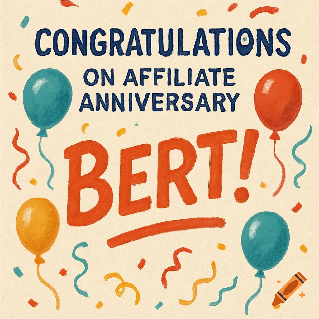 Graphic reads: CONGRATULATIONS ON AFFILIATE ANNIVERSARY BERT! Features balloons, confetti, and streamers in an illustrative style.