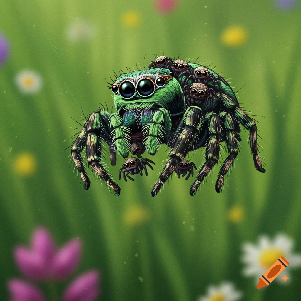 A detailed illustration of a green and black jumping spider with many babies clinging to its body, against a blurry green background.