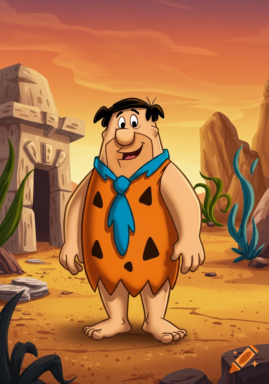 Cartoon image of Fred Flintstone in a prehistoric landscape.