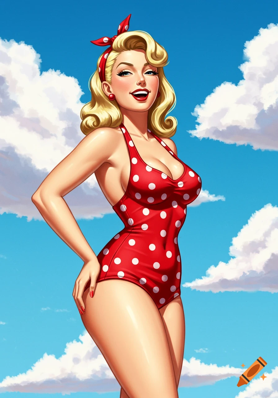 A pin-up style illustration of a smiling woman in a red polka dot swimsuit and headscarf against a blue sky with clouds.
