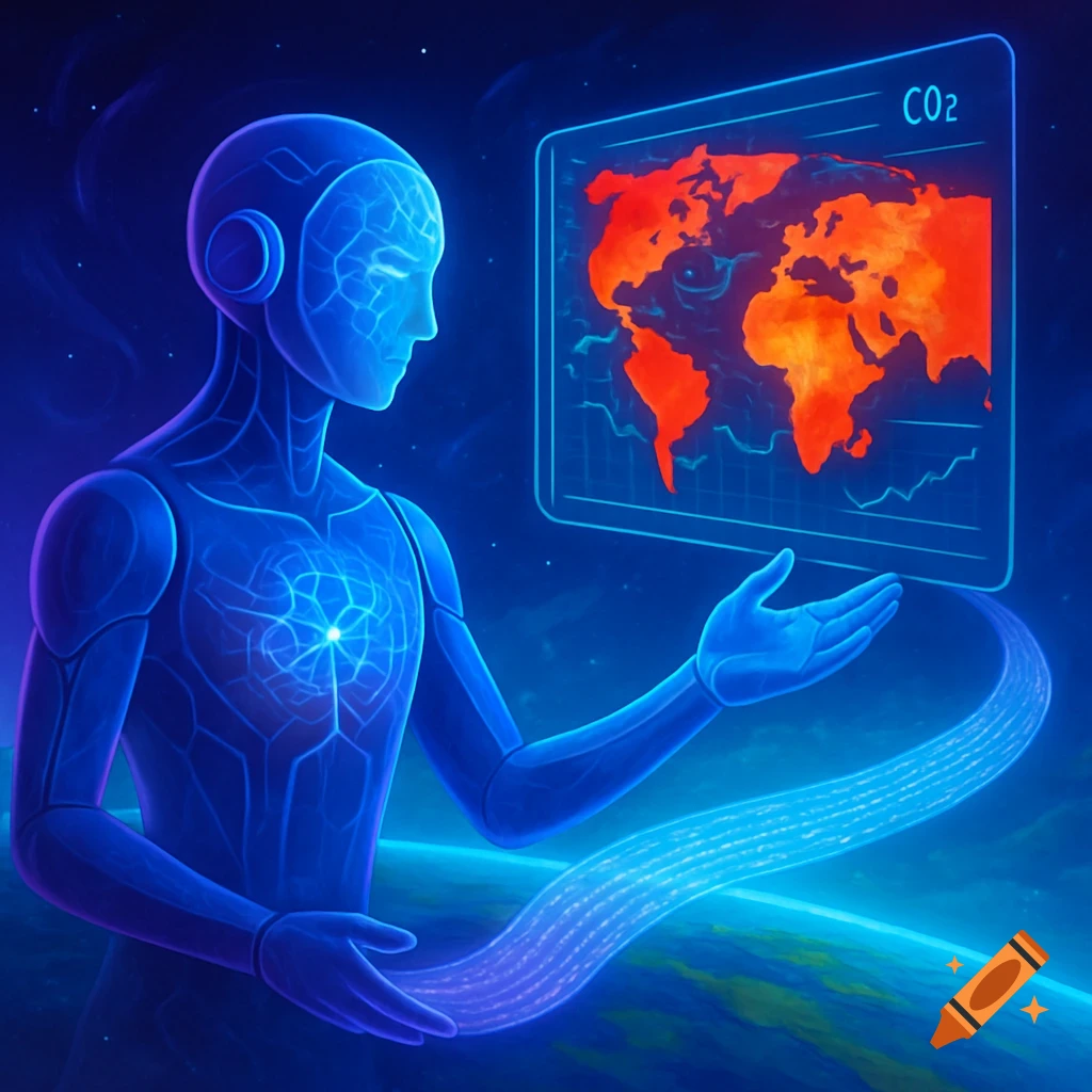 Blue sci-fi AI figure in space views a holographic screen with a heat map of Earth and CO2 graphs.