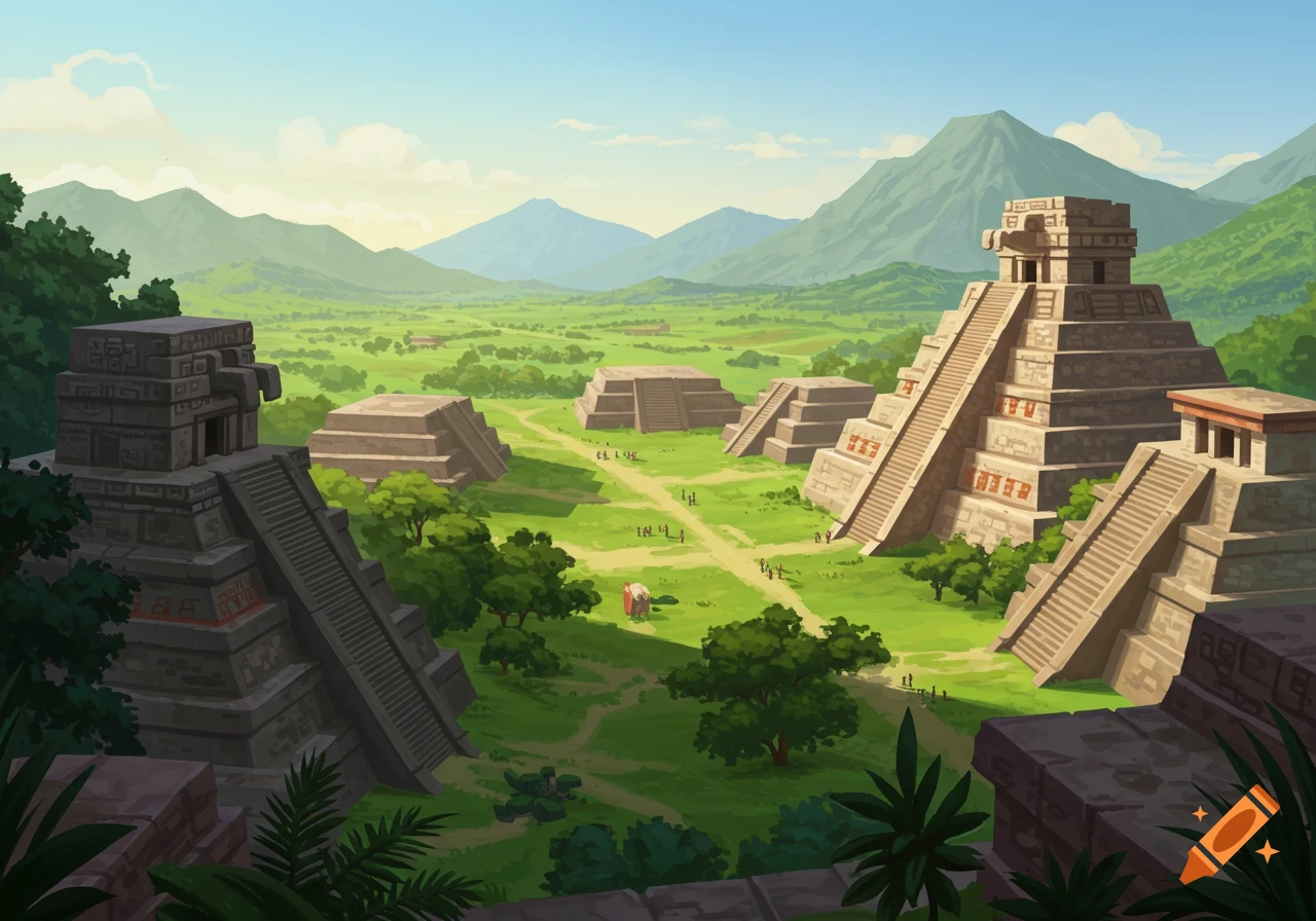 Scenic illustration of ancient ruins and pyramids in a green valley