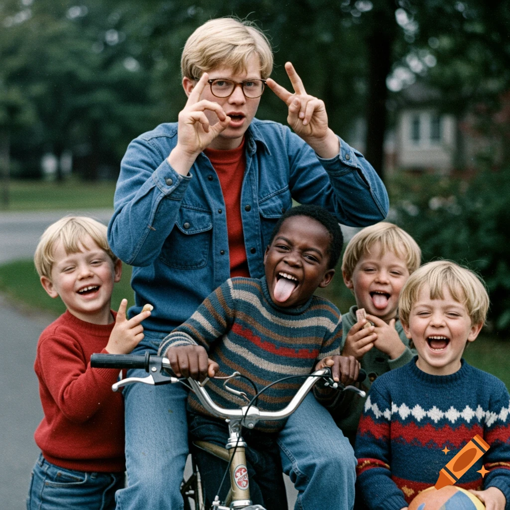 Group of diverse kids posing and laughing outdoors, one on a bicycle, in a 1970s style photo.